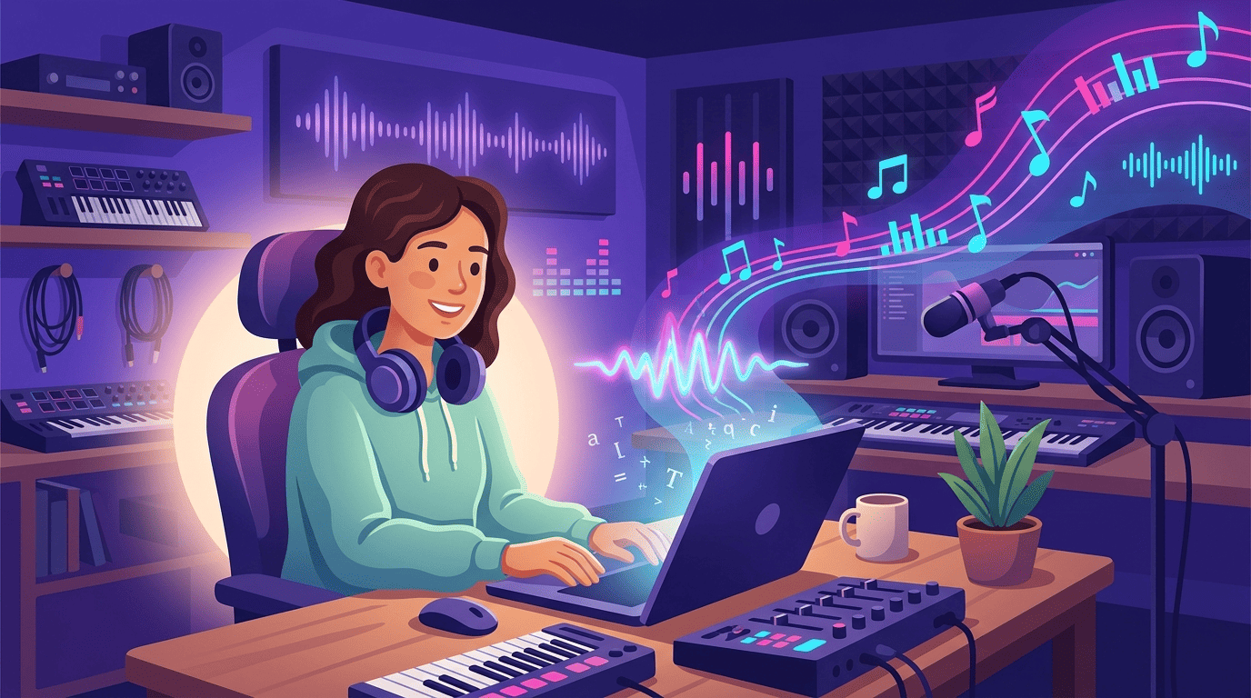 Producer Nova typing a text prompt at a studio desk as the words flow out into a glowing soundwave and musical notes
