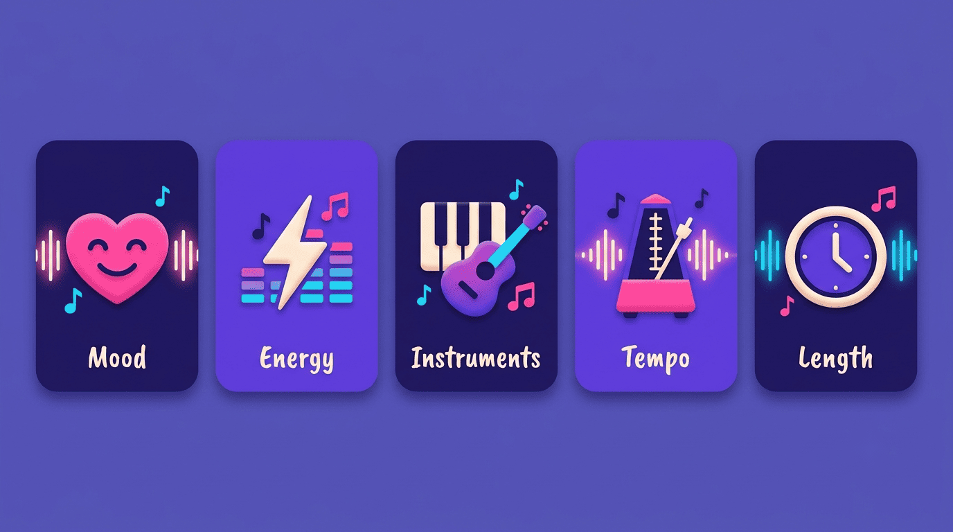 Infographic of five prompt controls for AI background music: Mood, Energy, Instruments, Tempo and Length
