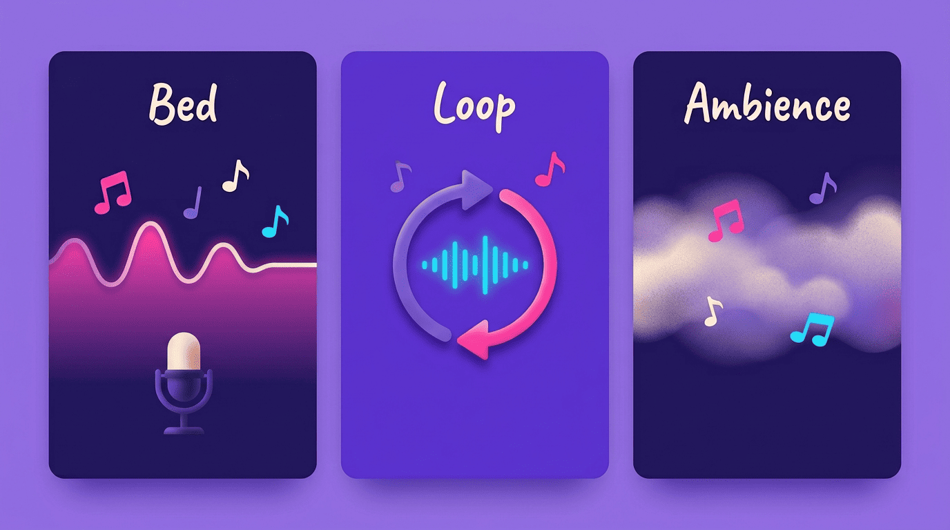Comparison of three AI background music formats — Bed under a microphone, a looping Loop, and cloudy Ambience