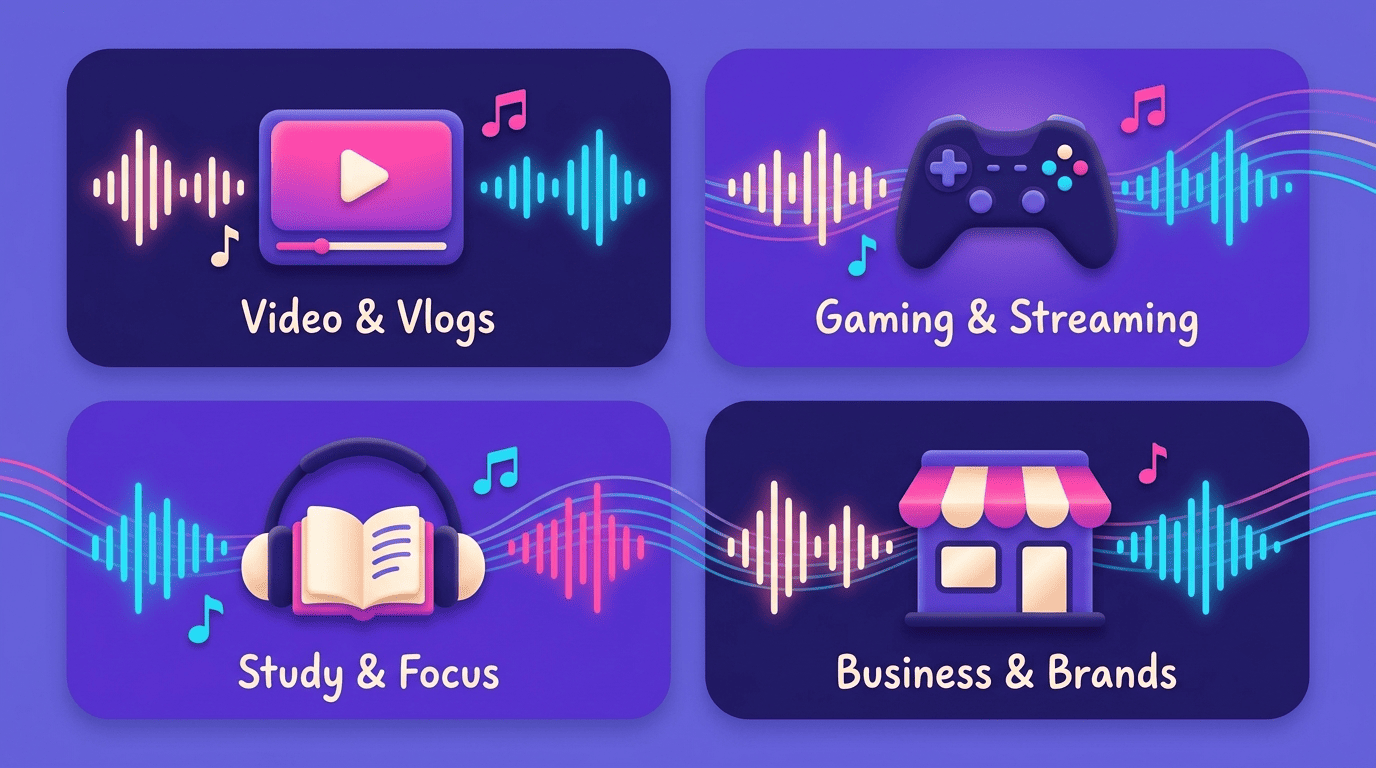 Grid of four AI background music use cases: Video and Vlogs, Gaming and Streaming, Study and Focus, Business and Brands