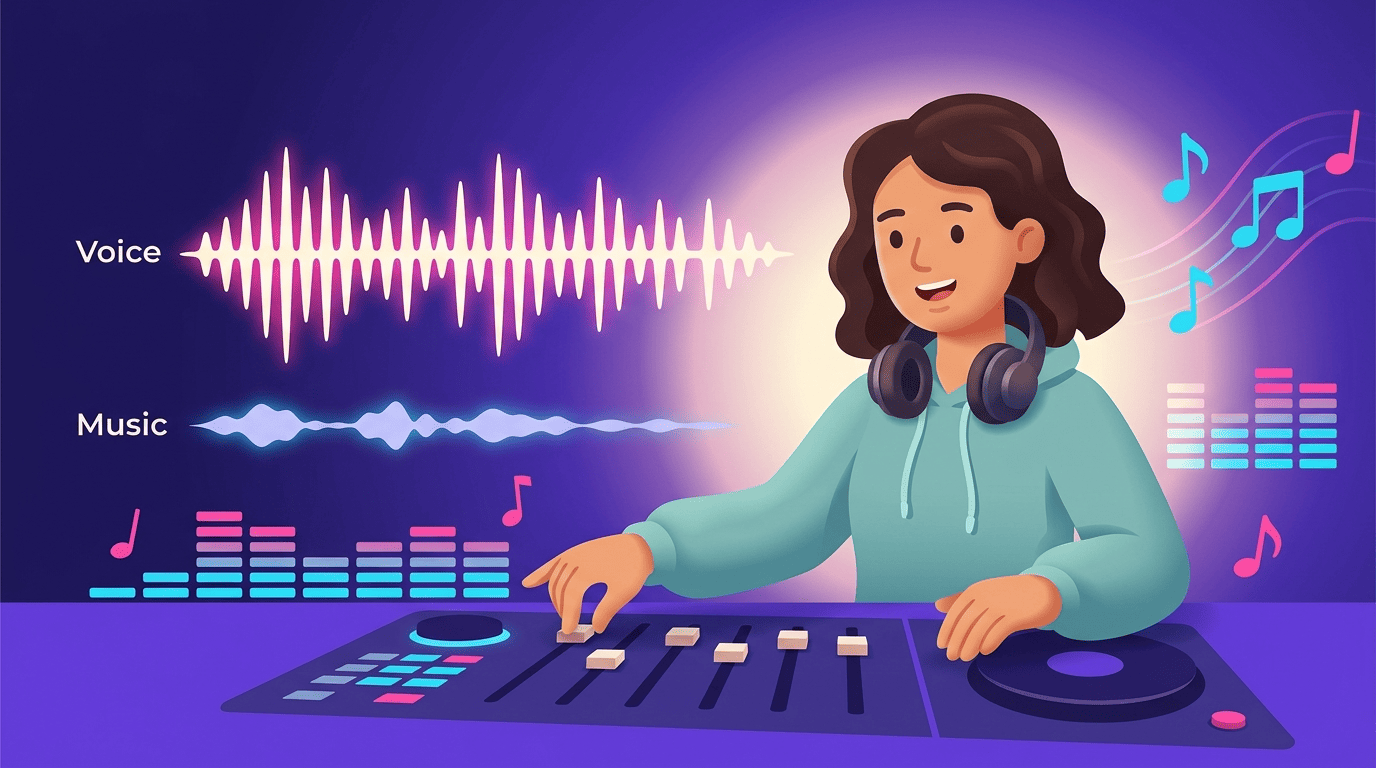 Producer Nova at a mixing console lowering the music fader so a small music waveform sits under a bold voice waveform