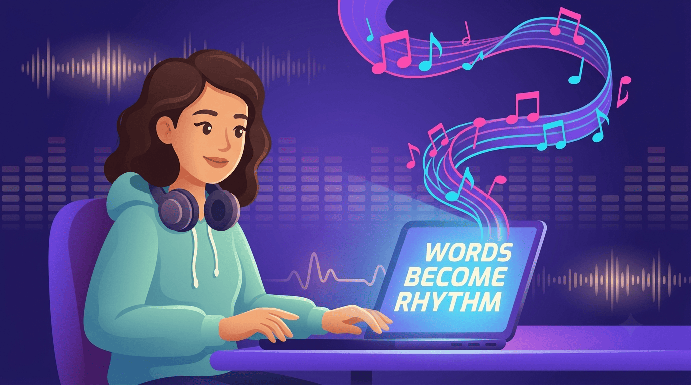 Music producer Nova types a slogan on a laptop and glowing musical notes rise from the screen, turning words into a jingle