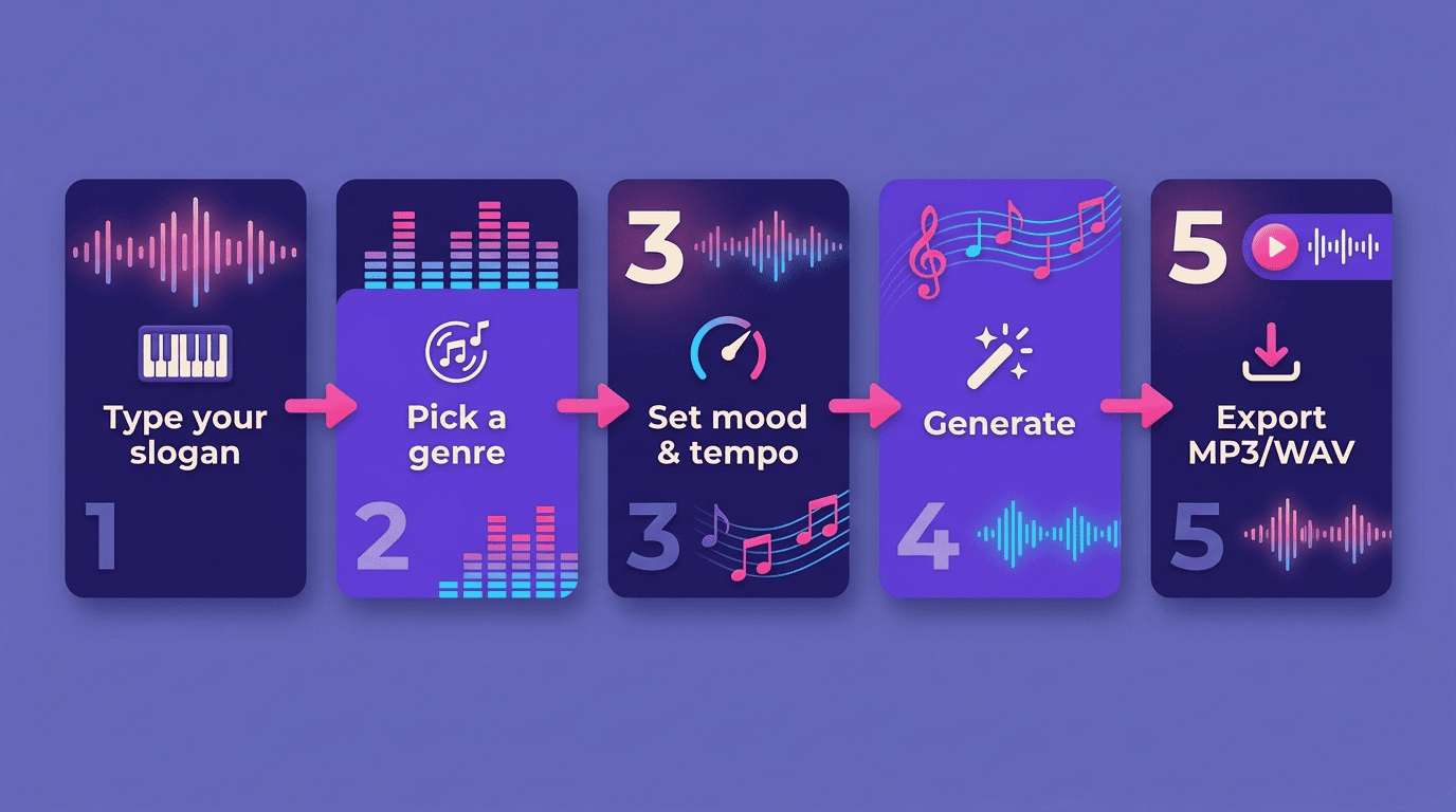 Five numbered cards showing the steps to make a jingle from text: type a slogan, pick a genre, set mood and tempo, generate, export MP3 or WAV