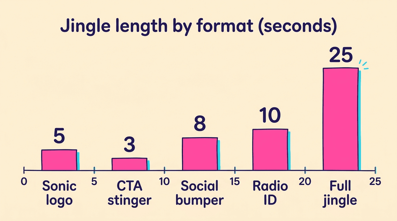 Bar chart of jingle length in seconds by format: sonic logo 5, CTA stinger 3, social bumper 8, radio ID 10, full jingle 25