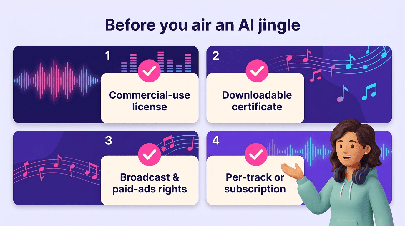 Checklist of four licensing items to verify before broadcasting an AI-generated jingle: commercial-use license, downloadable certificate, broadcast and paid-ads rights, per-track or subscription