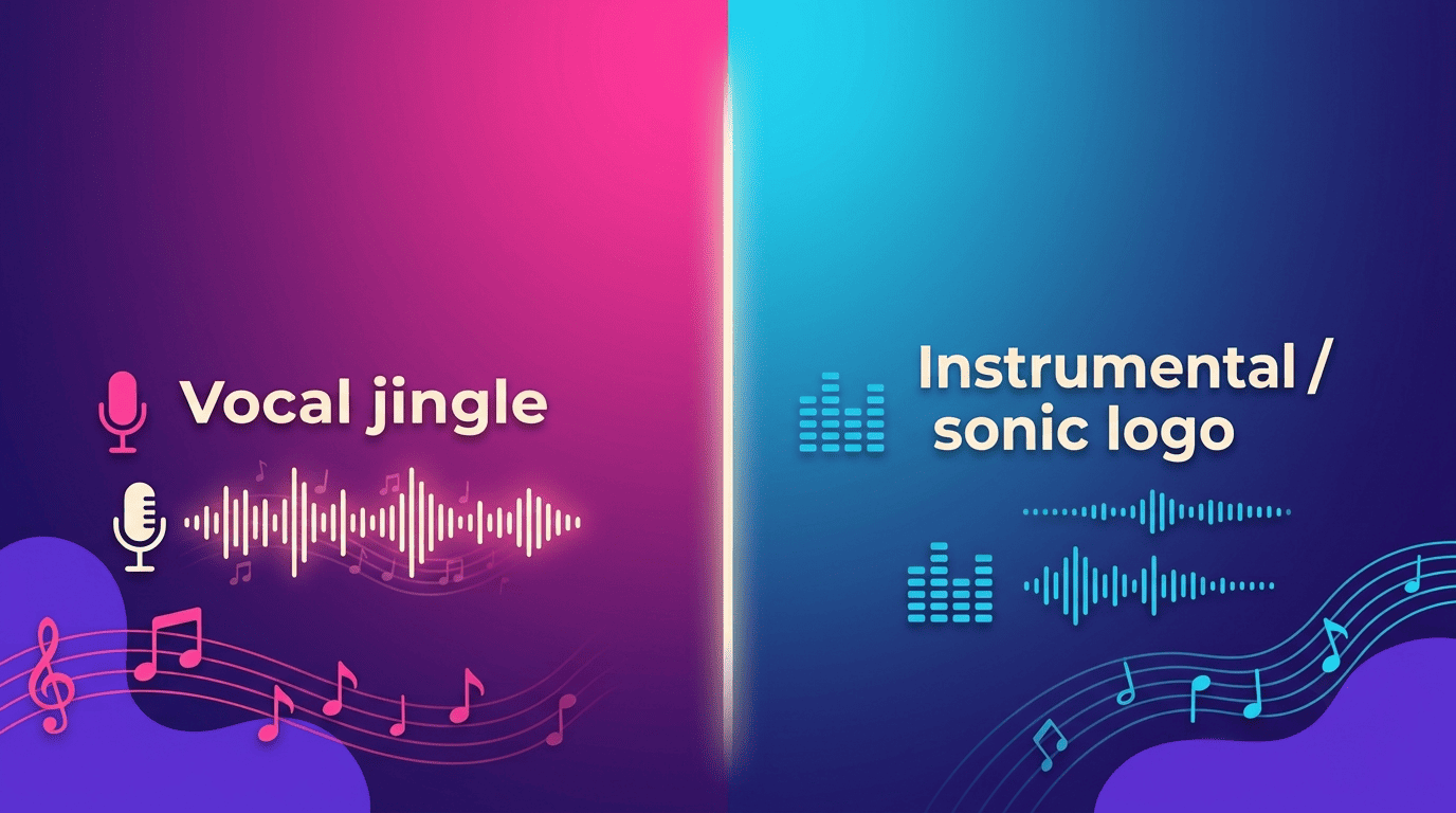 Split screen comparing a vocal jingle marked with a microphone against an instrumental sonic logo marked with an equalizer