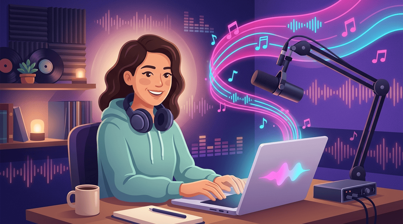 A podcast producer types a text prompt on a laptop while musical notes and sound-waves flow toward a studio microphone