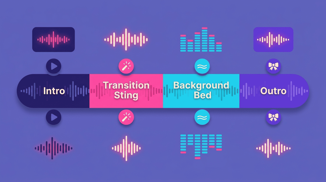 An episode timeline split into four labeled music segments: intro, transition sting, background bed, and outro