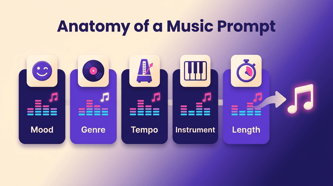 Five prompt building blocks — mood, genre, tempo, instrument, and length — combining into a single music note