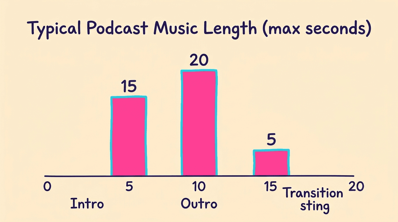 Bar chart of typical podcast music length in seconds: intro 15, outro 20, transition sting 5