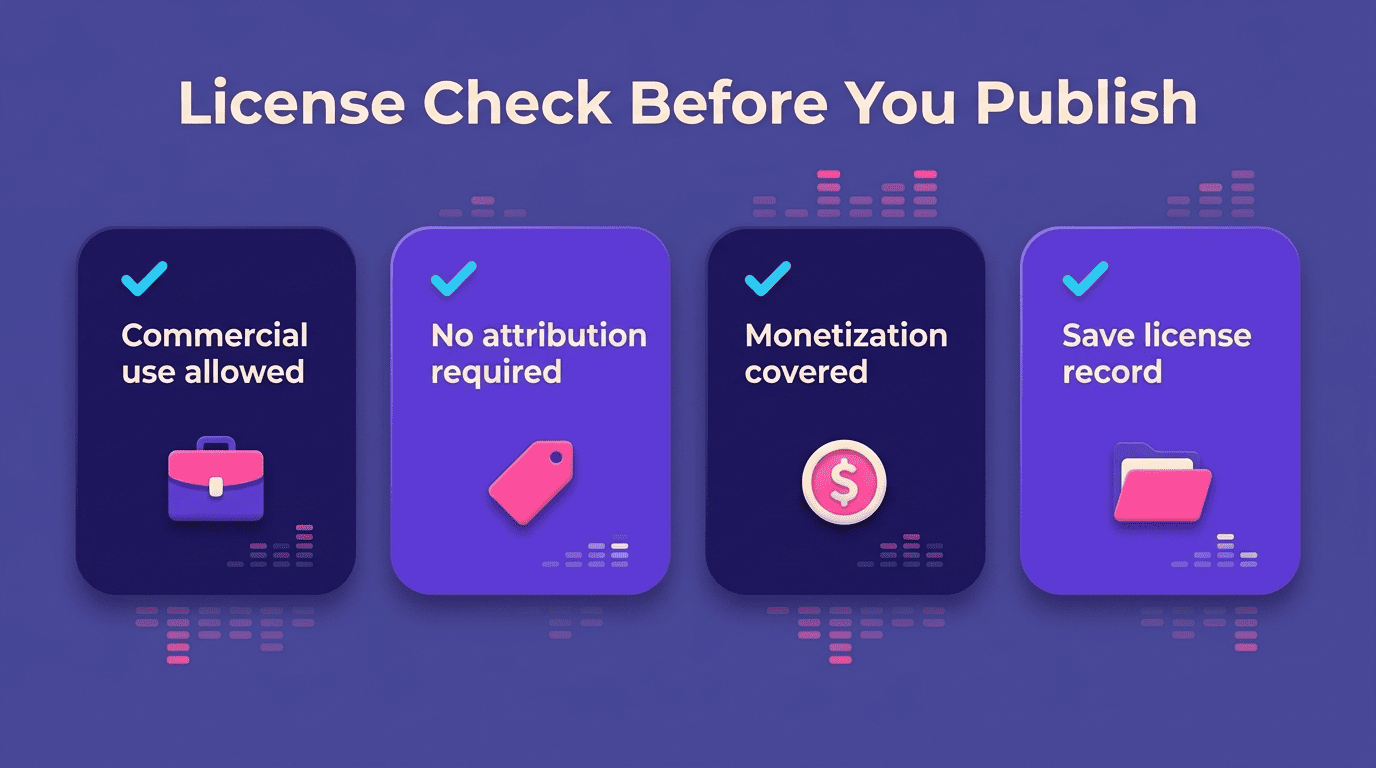 Four-item license checklist: commercial use allowed, no attribution required, monetization covered, save license record
