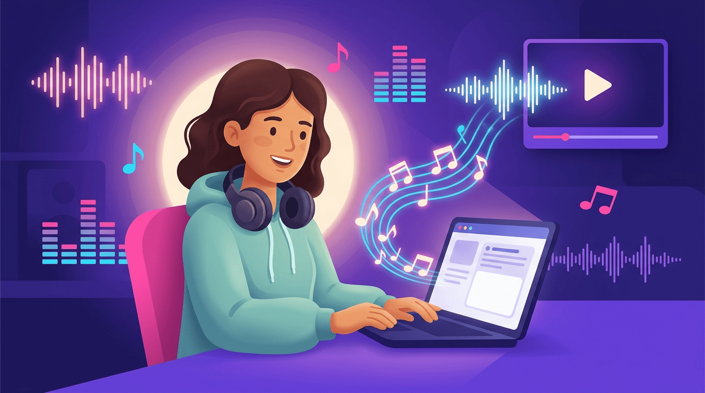 Illustration of a music producer typing a text prompt that flows into musical notes and a video play button