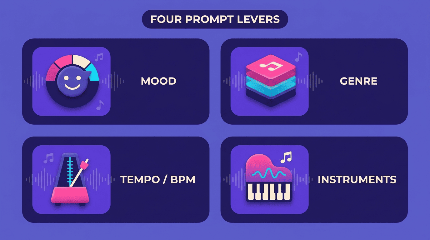 Infographic grid of four AI music prompt levers: mood, genre, tempo BPM and instruments