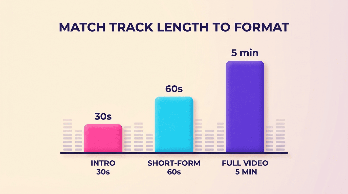 Bar chart comparing recommended music track length by video format: intro 30s, short-form 60s, full video 5 min