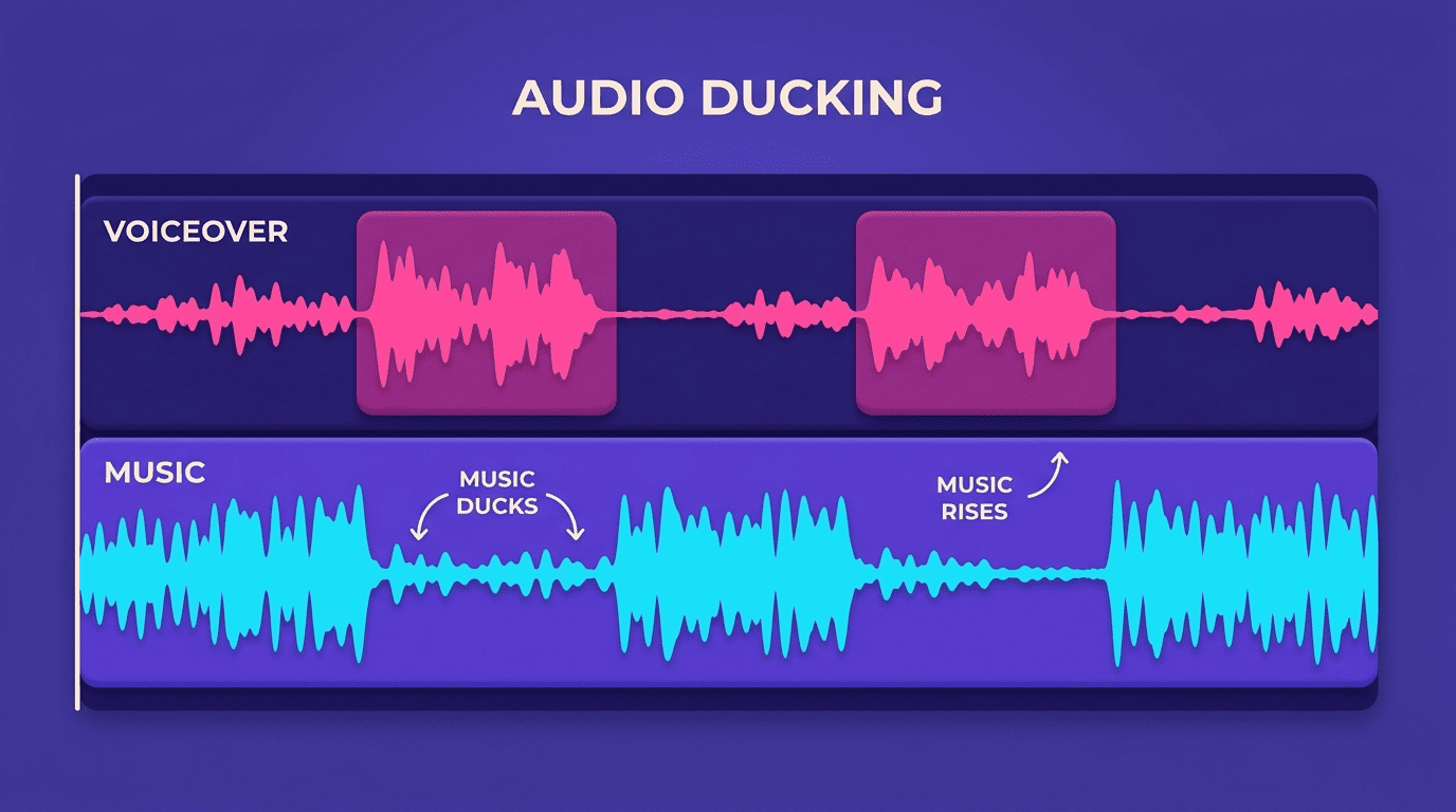 Audio timeline diagram showing the music waveform ducking under the voiceover waveform
