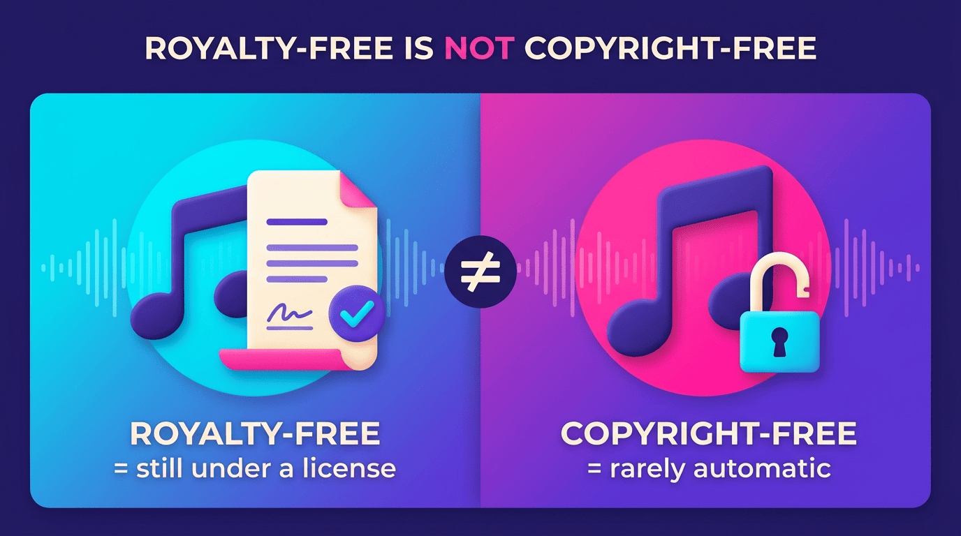 Split comparison showing royalty-free music is still under a license versus copyright-free