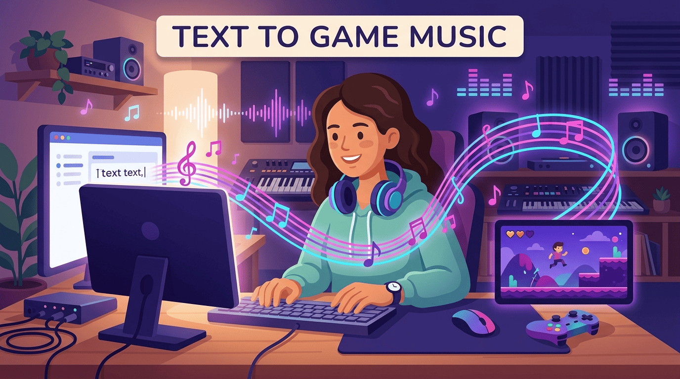 A music producer types a text prompt and the words turn into notes flowing into a game screen