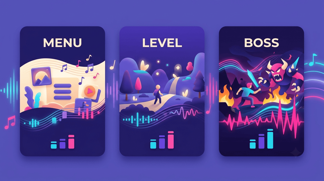 Three game screens labeled Menu, Level and Boss with rising equalizer bars