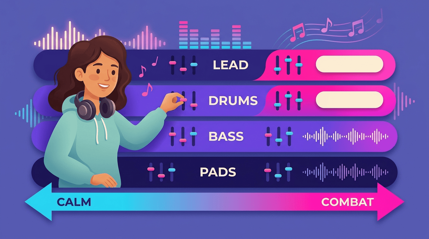 Stacked stem layers pads, bass, drums, lead with an arrow from calm to combat