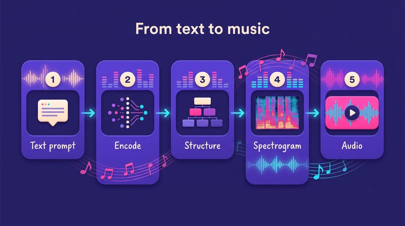 Diagram of the five-stage pipeline that turns a text prompt into music