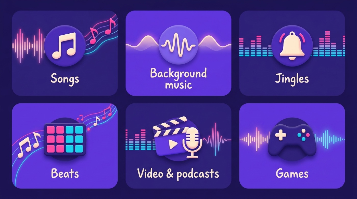 Grid of what an AI music generator from text can make: songs, background music, jingles, beats, video and podcast audio, and game music
