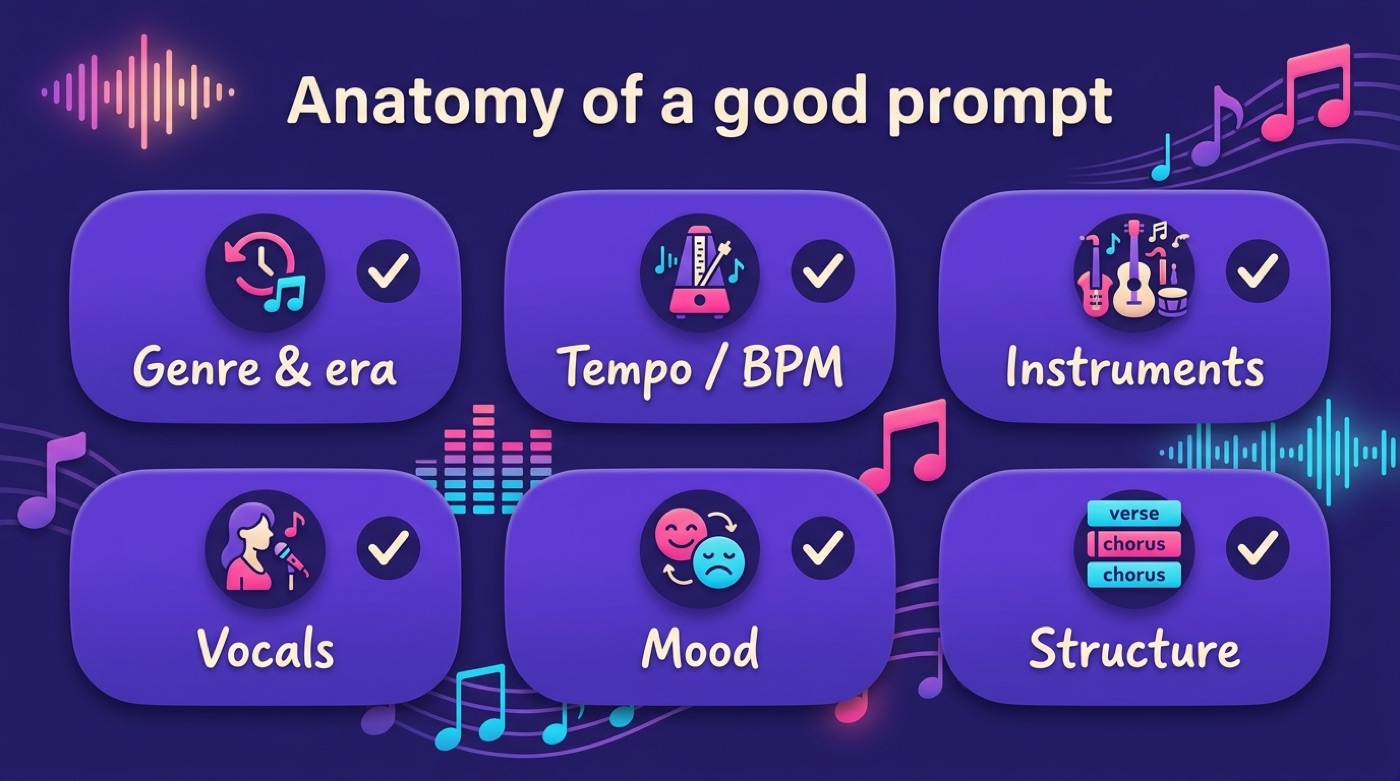 Checklist infographic showing the six ingredients of a good AI music prompt