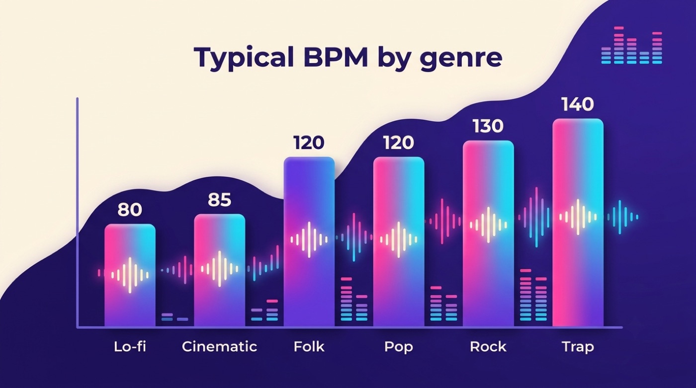 Bar chart of typical BPM by genre, from lo-fi around 80 to trap around 140