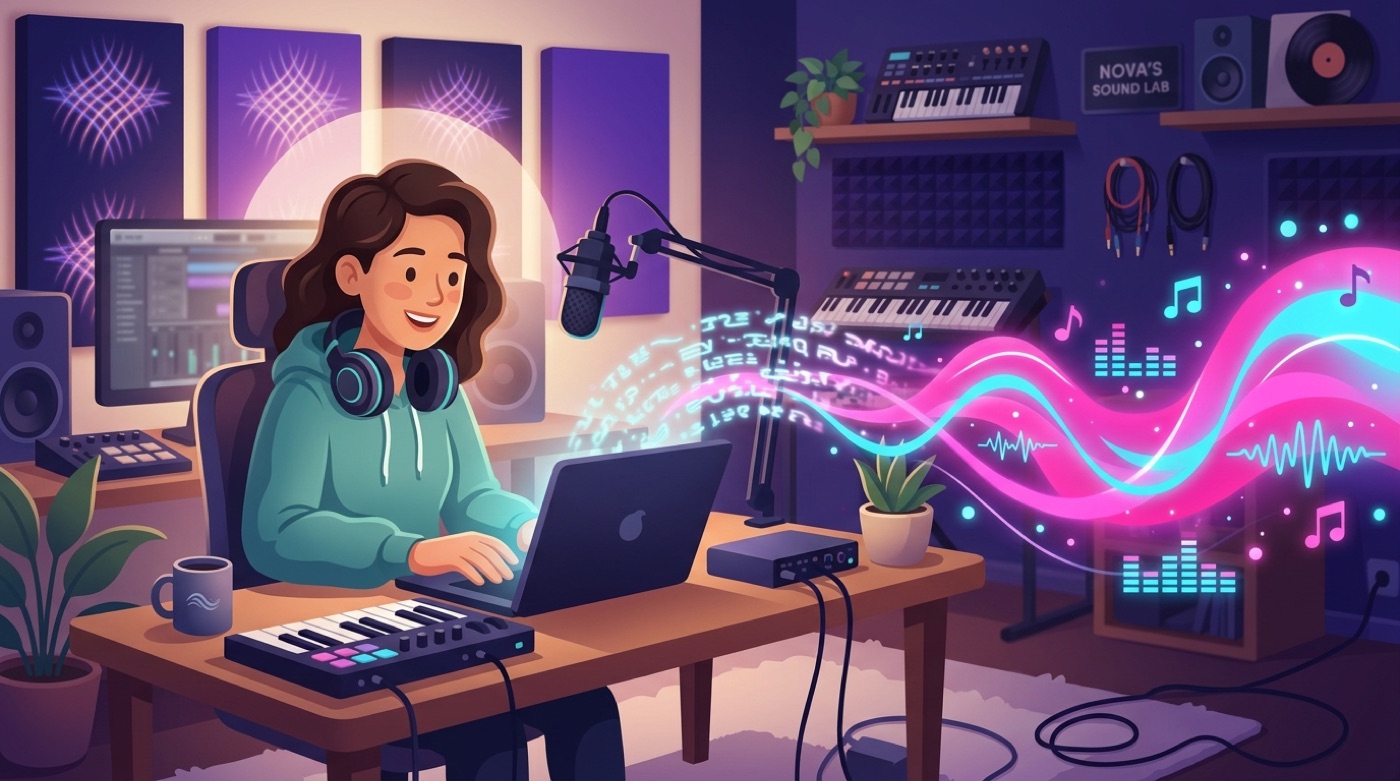 Illustration of a music producer typing a prompt that transforms into a glowing sound wave