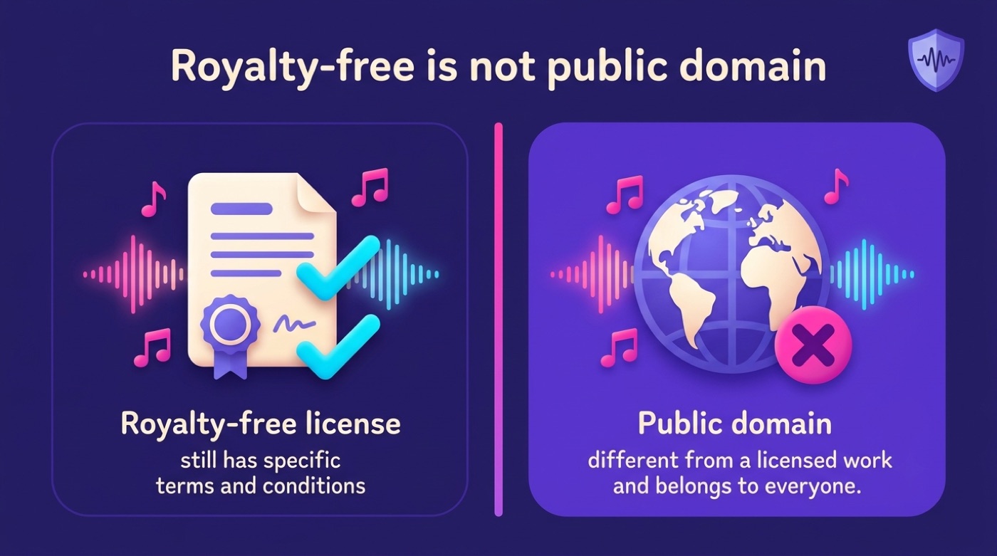 Comparison graphic contrasting a royalty-free license with the public domain