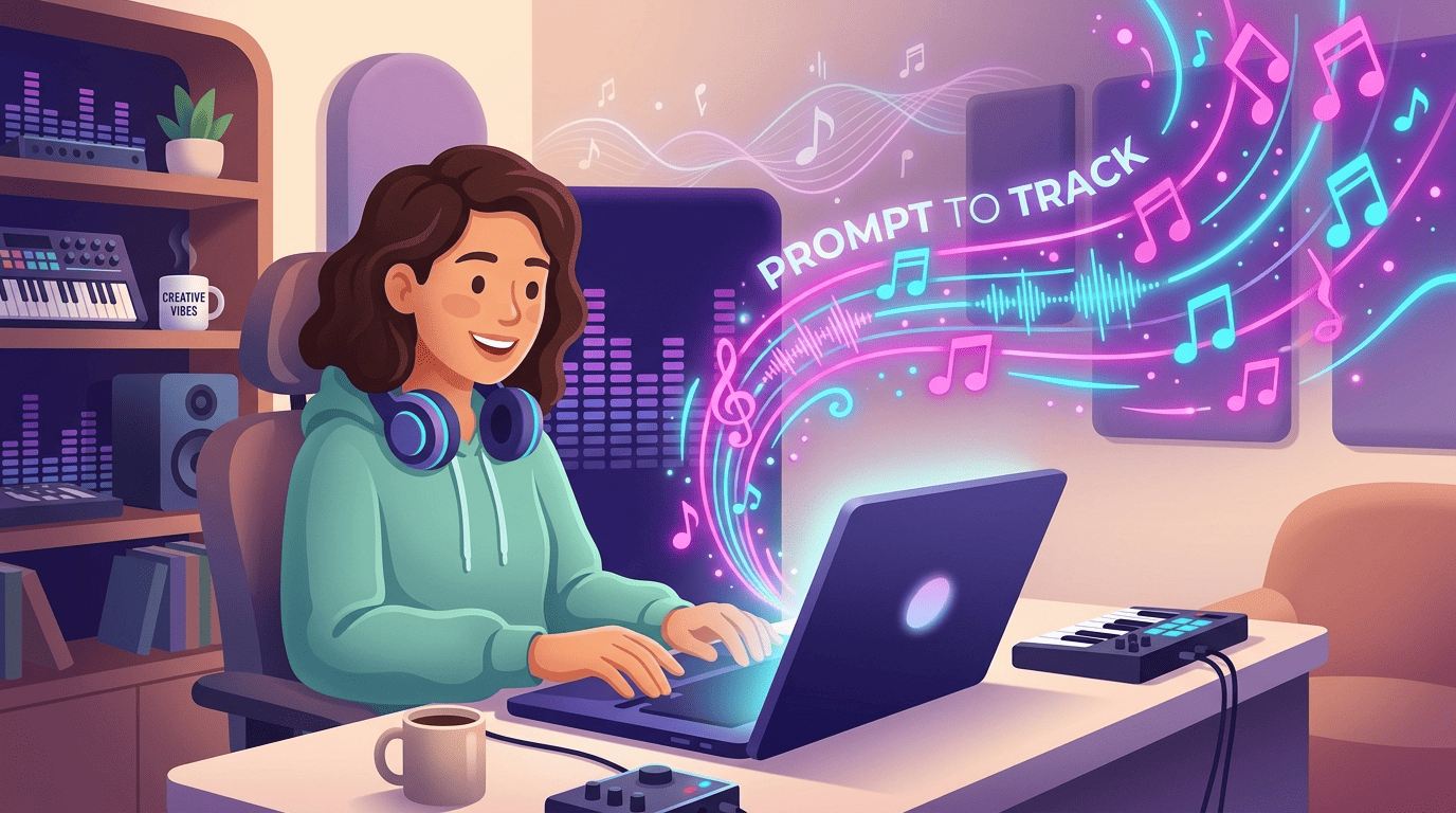 Music producer Nova typing a prompt as glowing notes and a sound wave rise from her laptop