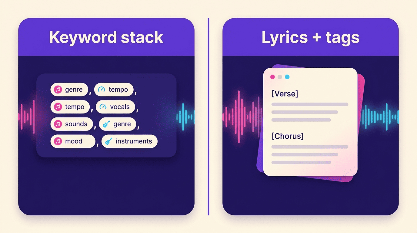 Split comparison of keyword-stack prompts versus lyrics-plus-tags prompts
