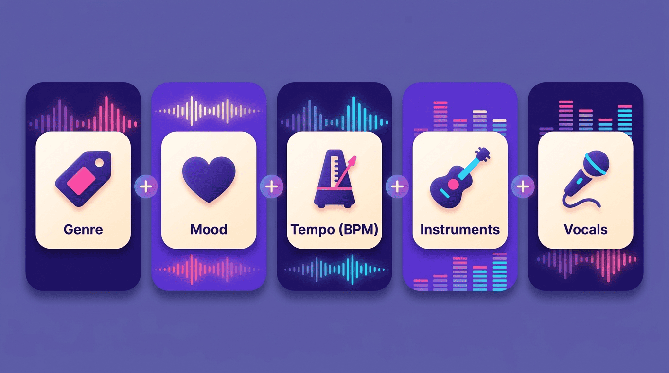 Five cards showing the building blocks of an AI music prompt: genre, mood, tempo, instruments, vocals