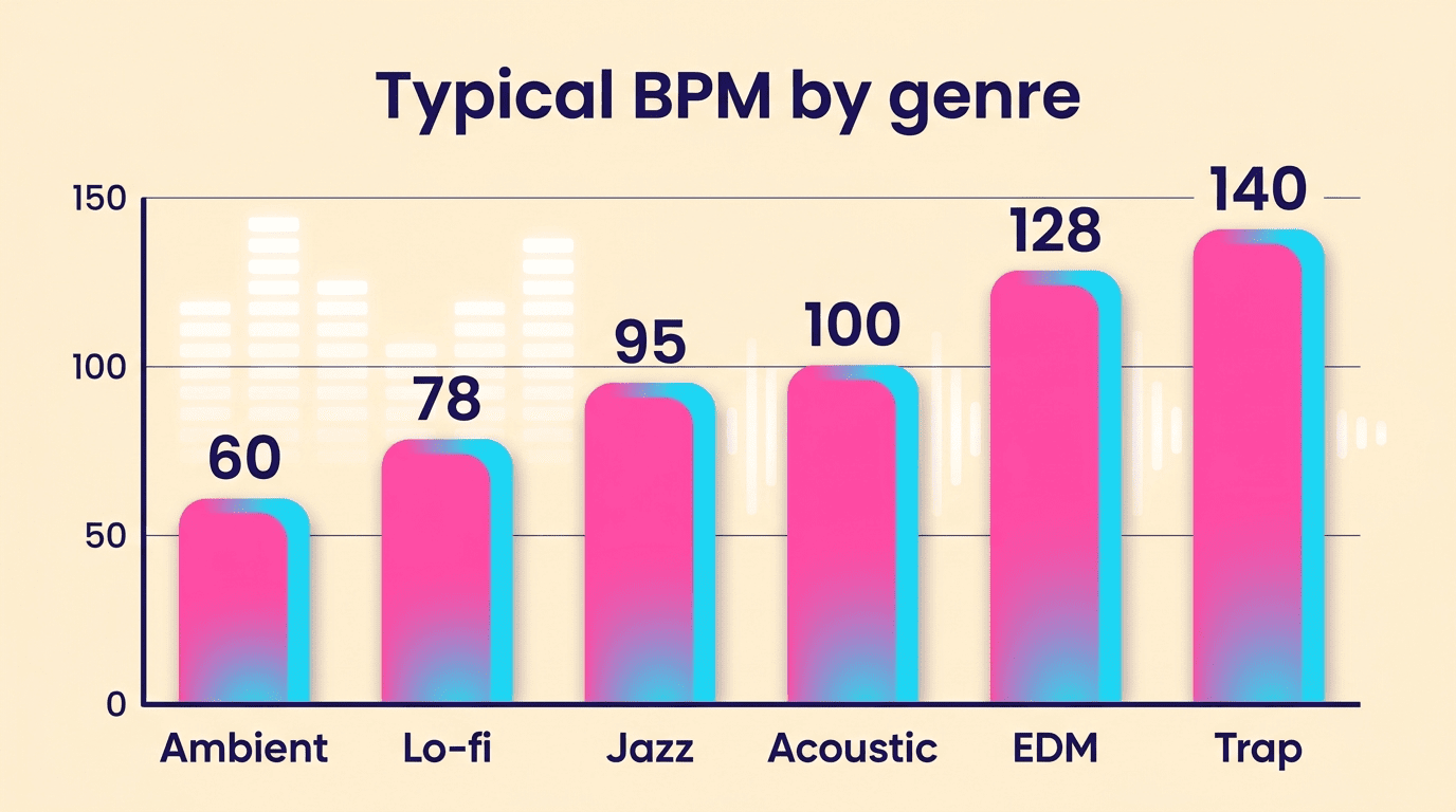 Bar chart of typical BPM by genre, from ambient 60 to trap 140