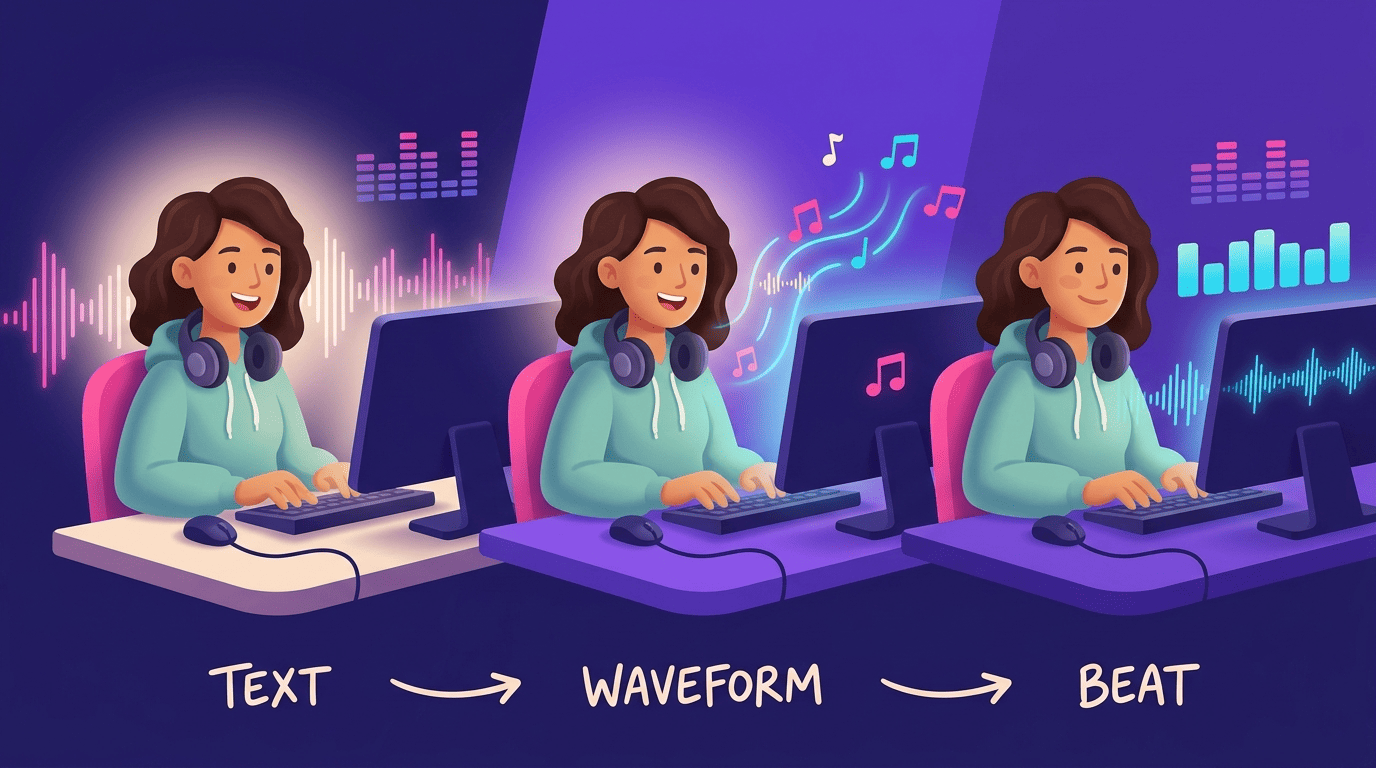 Producer typing a prompt while the words turn into a waveform and then a drum loop, labeled text, waveform, beat