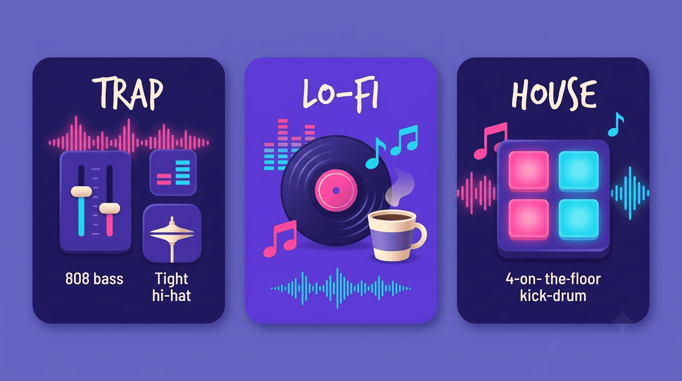 Three genre cards comparing trap 808s and hi-hats, lo-fi vinyl and coffee, and house four-on-the-floor kick pads