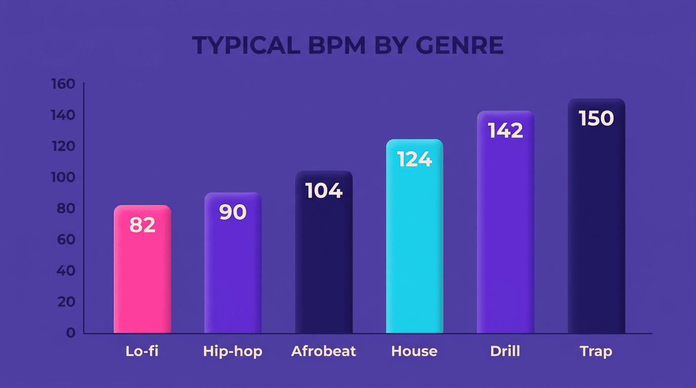Bar chart of typical BPM by genre: lo-fi 82, hip-hop 90, afrobeat 104, house 124, drill 142, trap 150