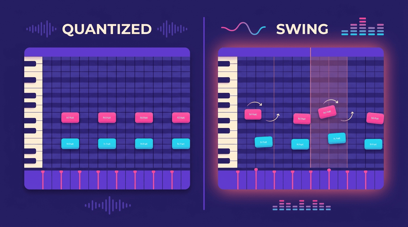 Split piano-roll comparison: quantized hi-hats locked to a rigid grid versus swung hi-hats nudged slightly off the grid