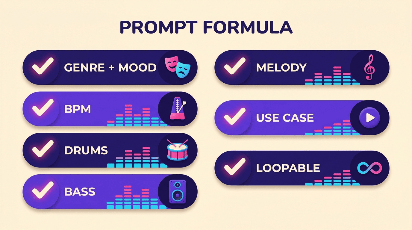 Checklist of the seven-part beat prompt formula: genre plus mood, BPM, drums, bass, melody, use case, loopable