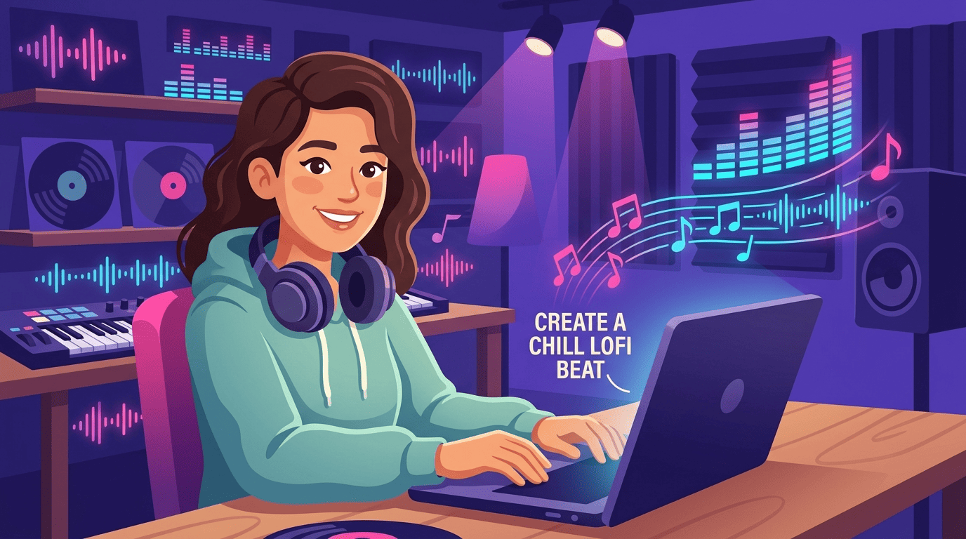 A music producer types a short text prompt and the words turn into glowing musical notes and a waveform