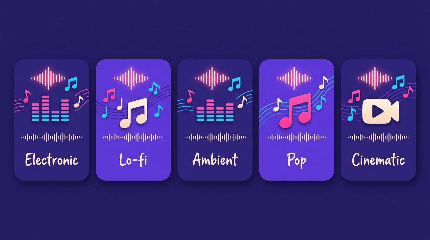 Five cards showing the genres AI handles best: Electronic, Lo-fi, Ambient, Pop, Cinematic