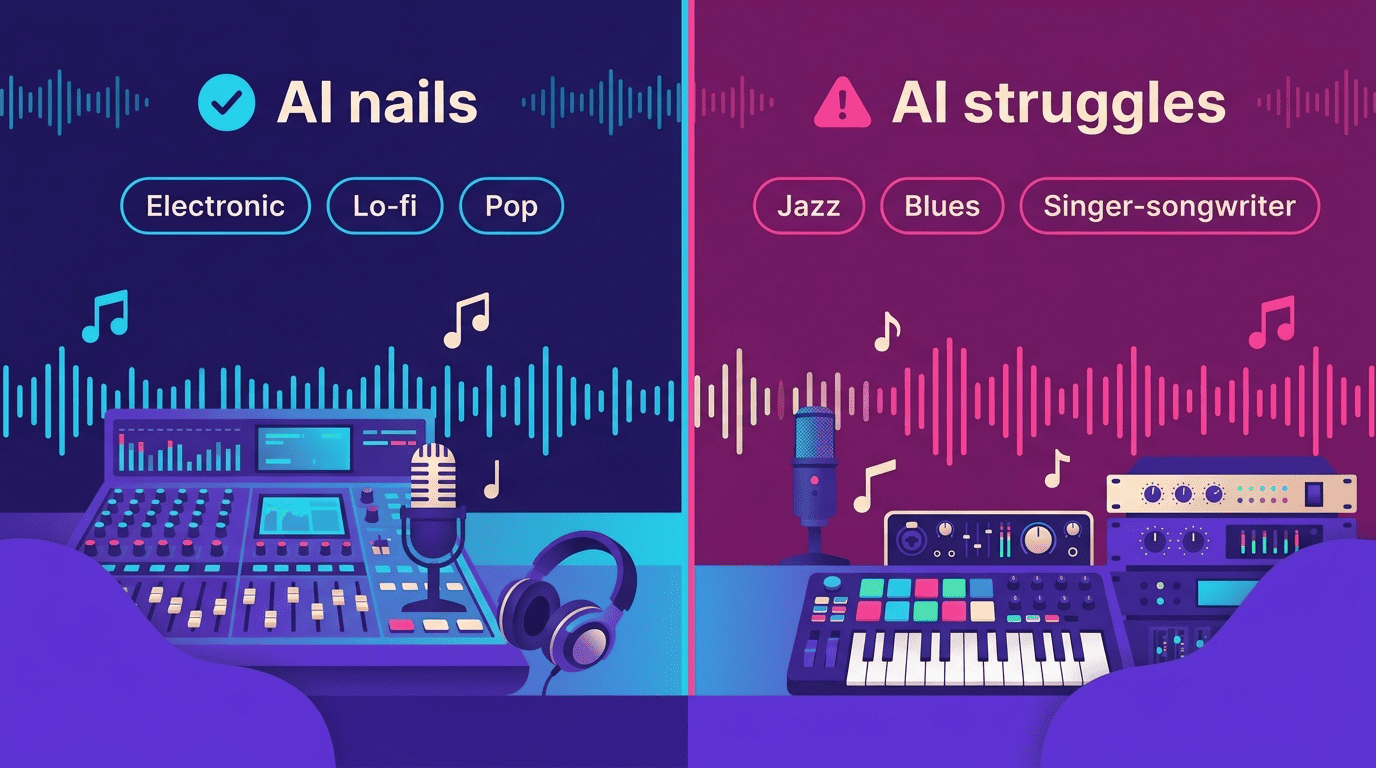 Split comparison of genres AI nails (Electronic, Lo-fi, Pop) versus genres AI struggles with (Jazz, Blues, Singer-songwriter)