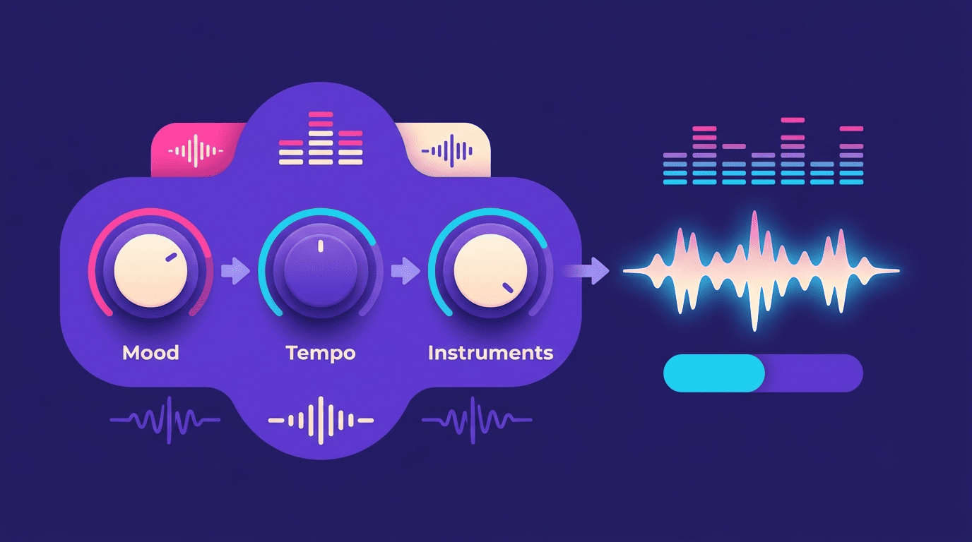 Three dials labeled Mood, Tempo and Instruments feeding into an audio waveform
