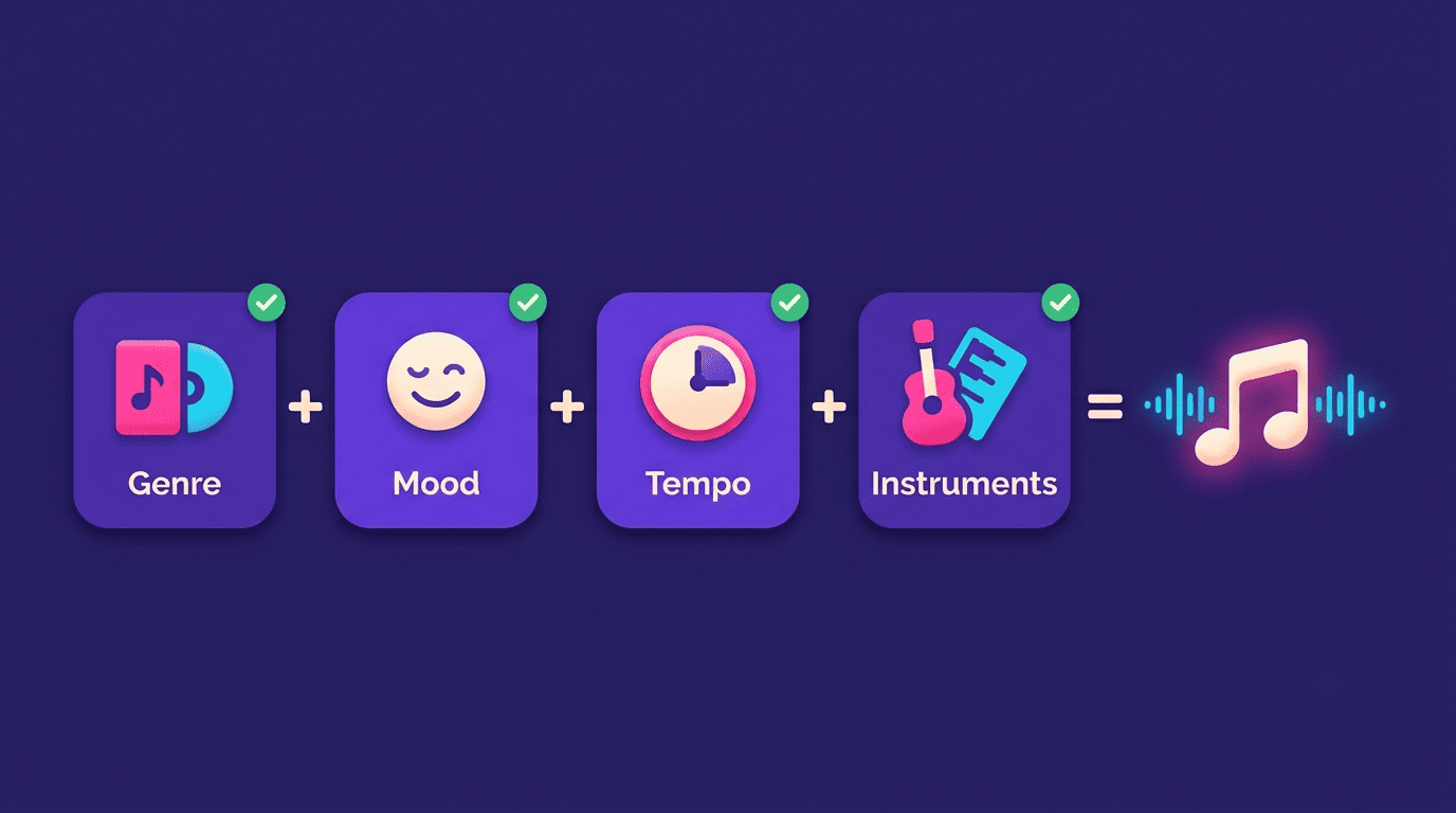 Prompt formula: Genre plus Mood plus Tempo plus Instruments equals a finished track