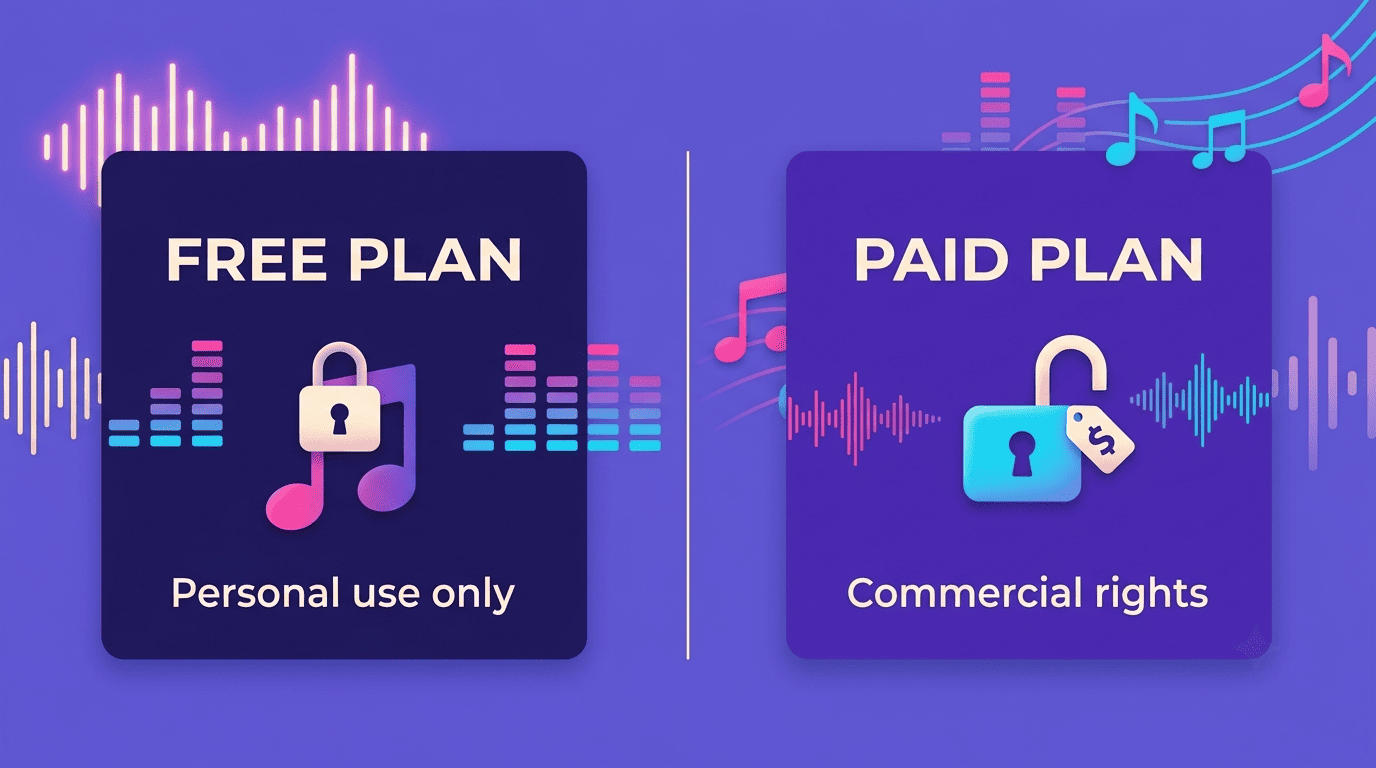 Split comparison of a free plan limited to personal use versus a paid plan that unlocks commercial rights