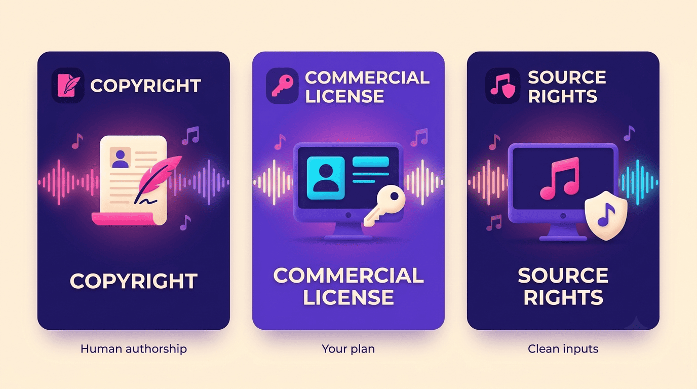 Three separate layers for AI music rights: copyright, commercial license, and source rights