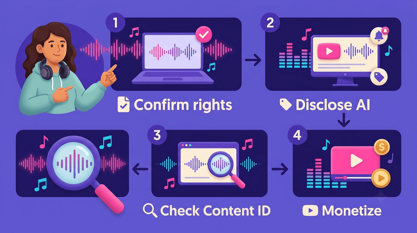 Four-step flow to monetize AI music on YouTube: confirm rights, disclose AI, check Content ID, monetize