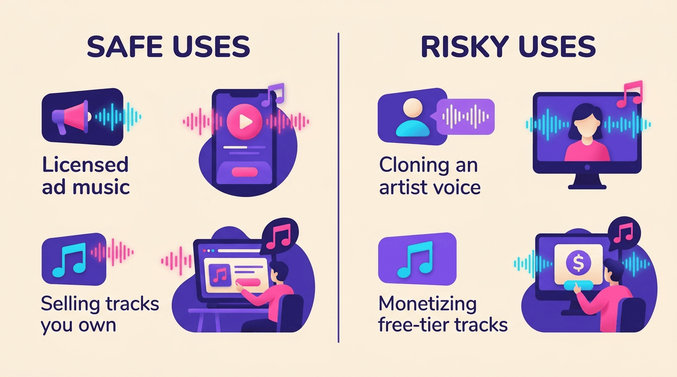 Comparison of safe AI music uses versus risky uses like cloning an artist voice or monetizing free-tier tracks