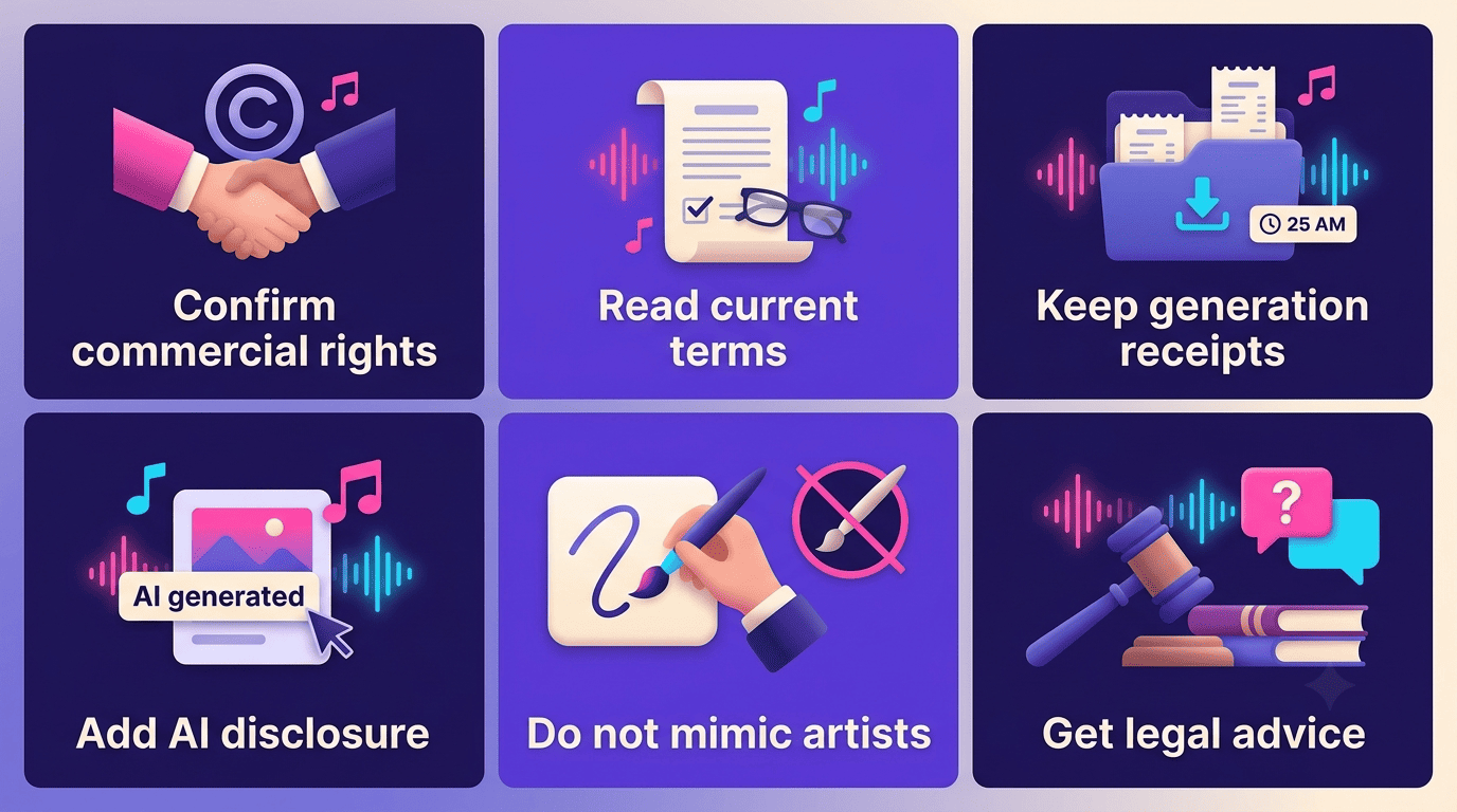Pre-use checklist for commercial AI music: confirm rights, read terms, keep receipts, add disclosure, do not mimic artists, get legal advice