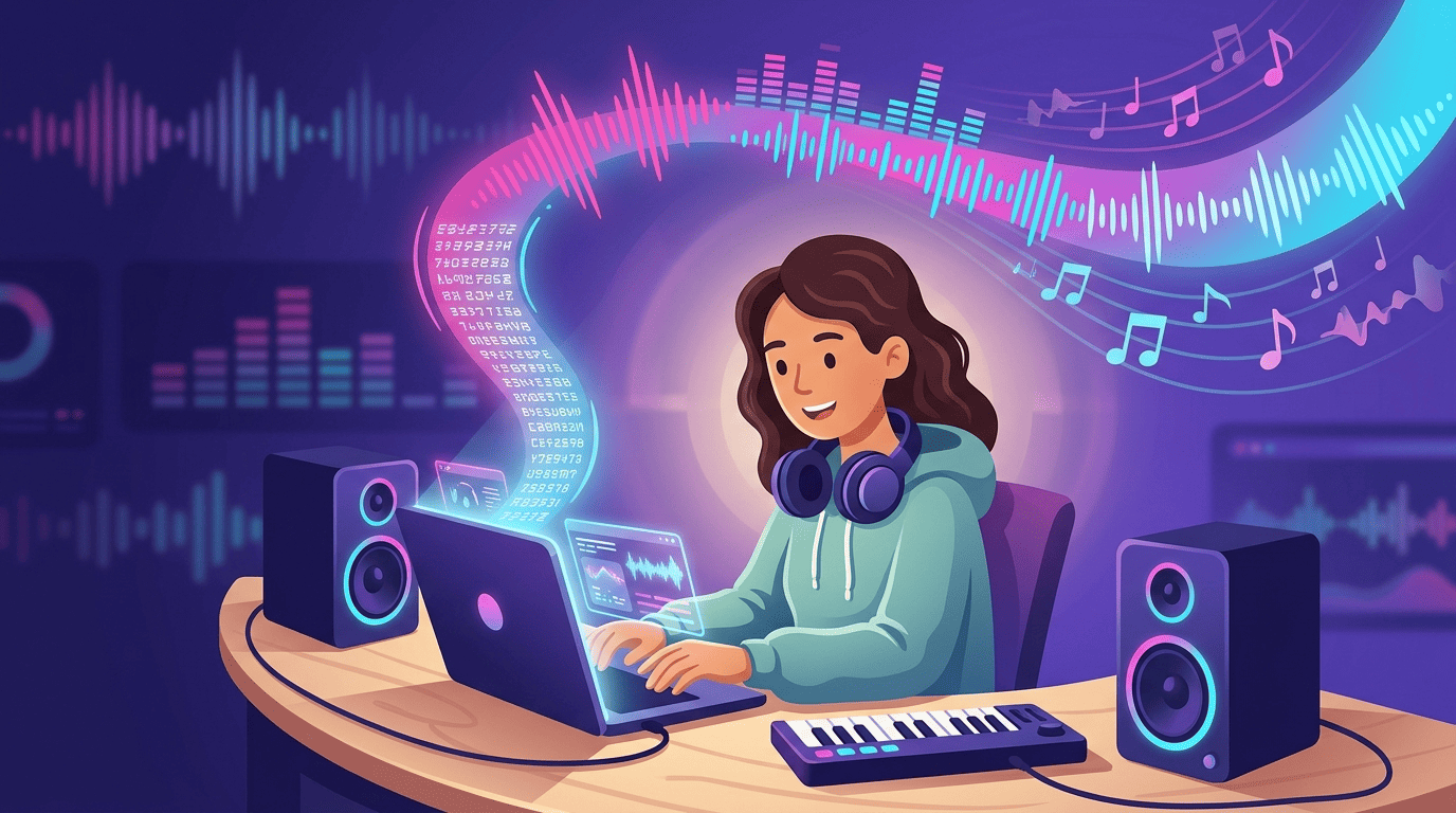 Music producer typing a text prompt that transforms into a glowing sound wave and notes