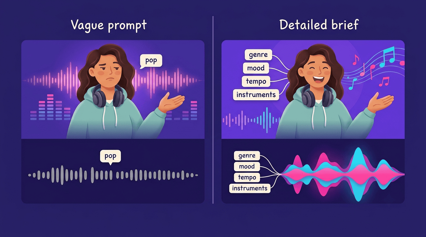 Split comparison of a vague one-word prompt versus a detailed music prompt brief
